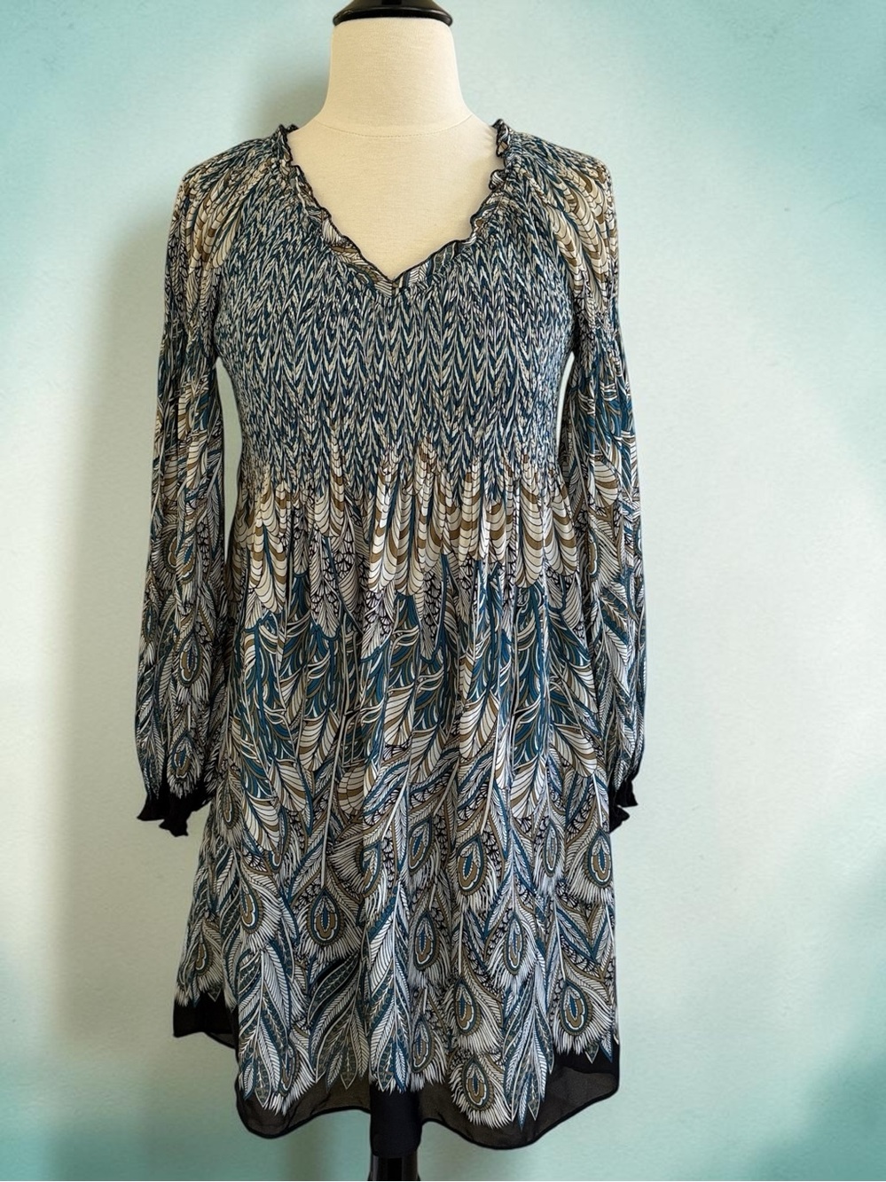 NWOT Peacock Feather Dress Small Ruched Bishop Sleeve Dark Romantic Boho Chic